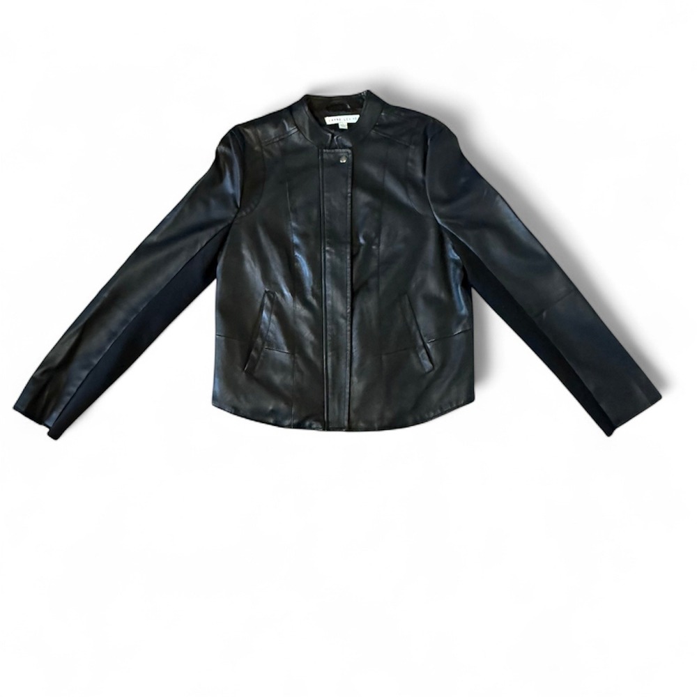 Larry Levine Faux Leather Jacket Black‎ Moto Band Collar Stretch Women Sz-Large